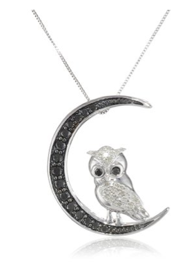 10k White Gold Black and White Diamond Owl Pendant Necklace