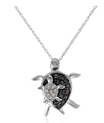 XPY 10k White Gold and Black and White Diamond “Mother and Baby Turtle” Pendant Necklace