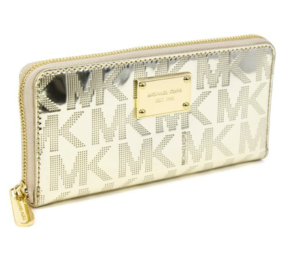 Michael Kors Pale Gold Signature Mirror Metallic Zip Around Continental Wallet