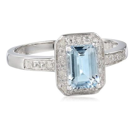 Sterling Silver Aquamarine and Diamond Emerald Cut Ring